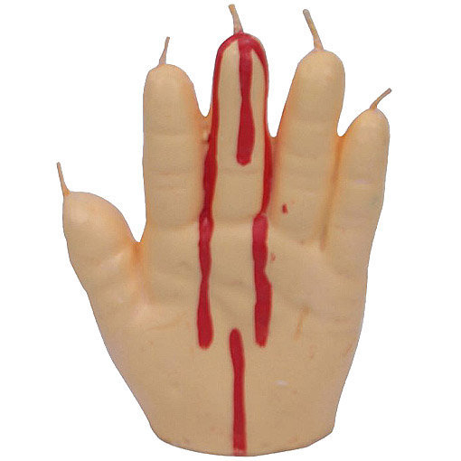 bougie forme main avec 5 mèches et traces de sang