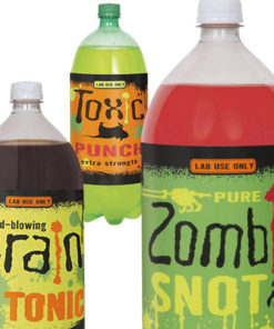 étiquettes bouteilles halloween : tonifiant pour cerveau, morve de zombie, etc.