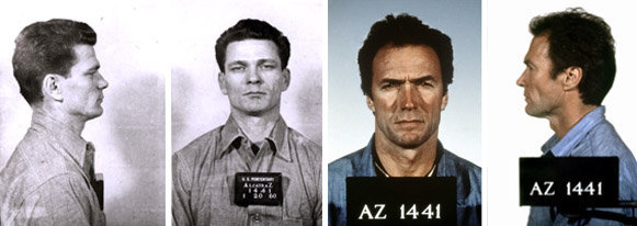 L’Evadé d’Alcatraz : photos anthropométriques de Franck MORRIS à gauche et Clint EASTWOOD dans le rôle de Franck MORRIS à droite