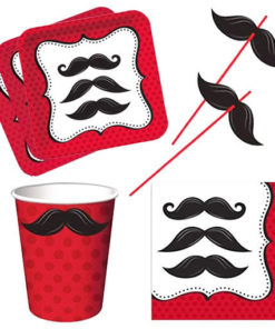 Vaisselle jetable moustache : assiettes carrées, serviettes en papier décorées, gobelets et pailles